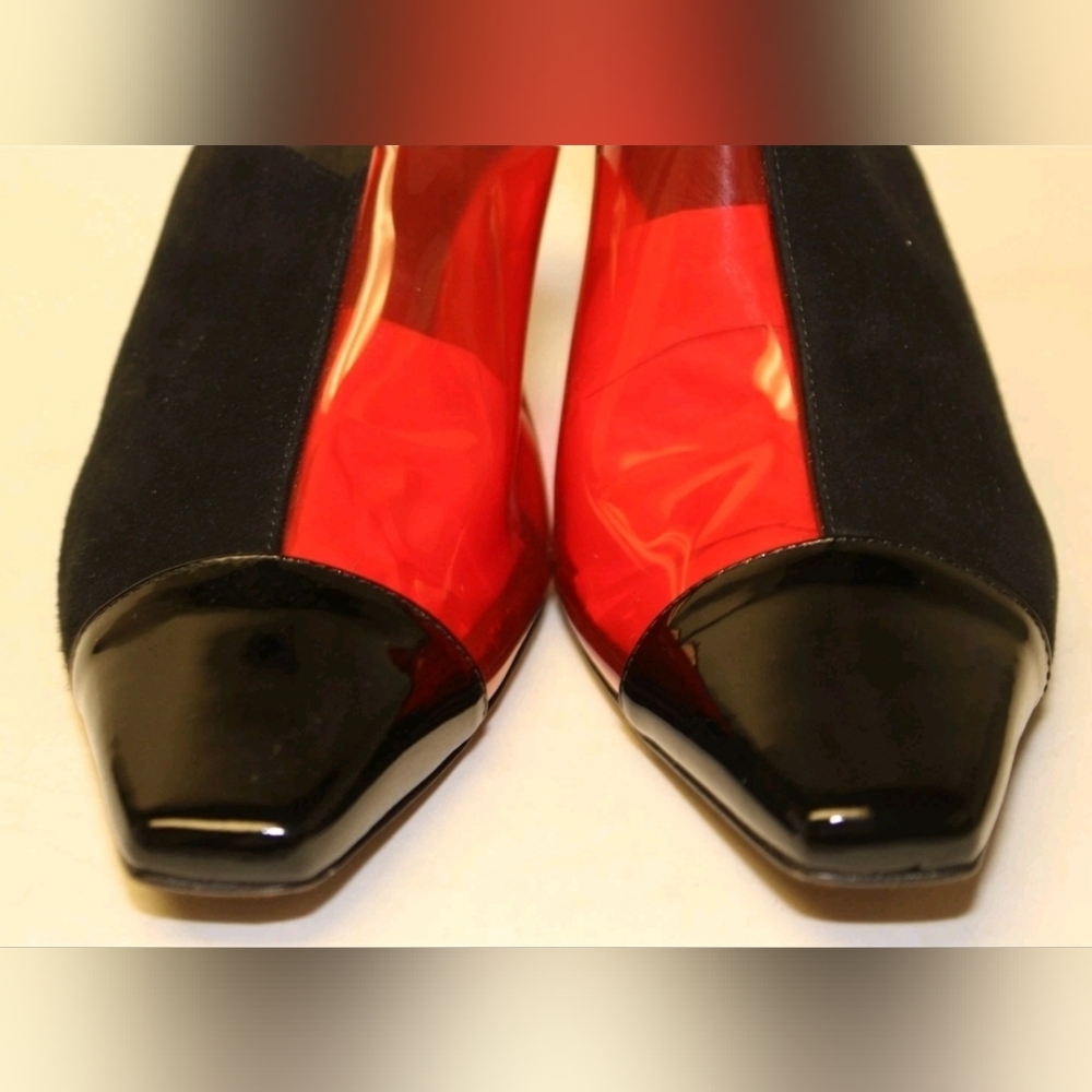 NEOUS GORGEOUS Italy Made Black Red Acetate Suede Mules Pumps Heels 38 8 - Picture 4 of 16